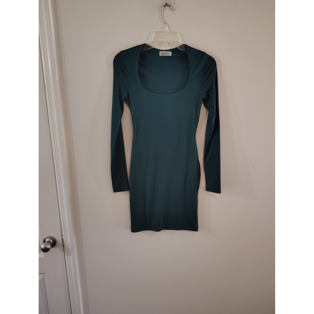 Popular 21 Womens Ribbed Long Sleeve Bodycon Scoop Neck Mini Dress Teal Green S
